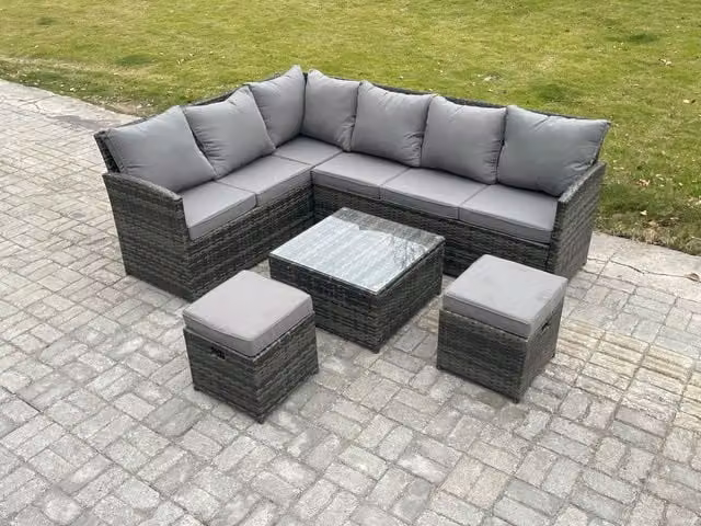 Fimous 8 Seater Outdoor Garden Furniture Set with PE Rattan Corner Sofa, Square Coffee Table and 2 Footstools, Dark Grey Mixed