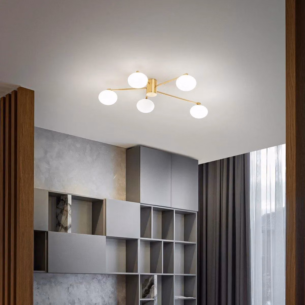 Netlighting HERMES 5 Light Multi Arm Semi Flush Ceiling Lamp in Brass and Yellow Glass – 2