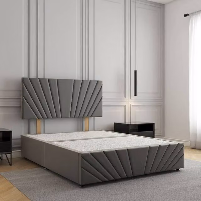 REGIONAL FURNISHINGS Luxury Grey Velvet Upholstered Divan Bed with 24 inch Headboard and Footboard, Super King, W: 200 cm x D: 200 cm
