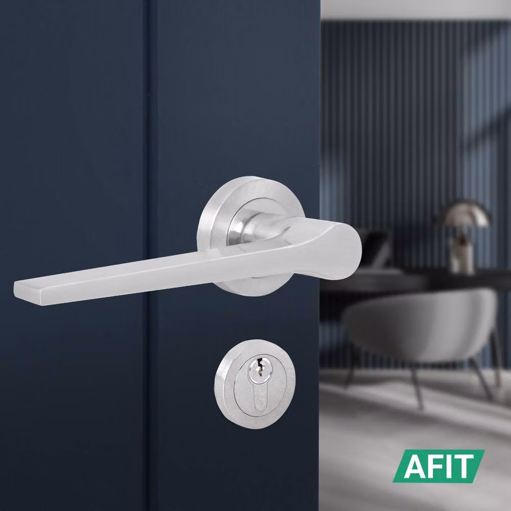 AFIT Satin Nickel Fire Door Handle with Euro Lock, Double Cylinder Locks and Hinges in Silver, W/D/H: 150 x 150 mm – 4