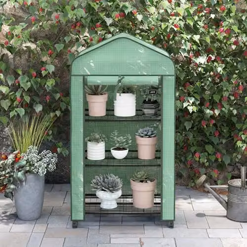 Outsunny 3 Tier Mini Greenhouse with Wheels, Green, H 130 x W 69 x D 49 cm – 5