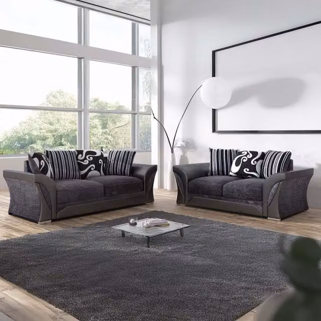 Furnishings For Less UK Lisbon 3 Seater and 2 Seater Fabric Sofa Suite in Black and Grey – 1
