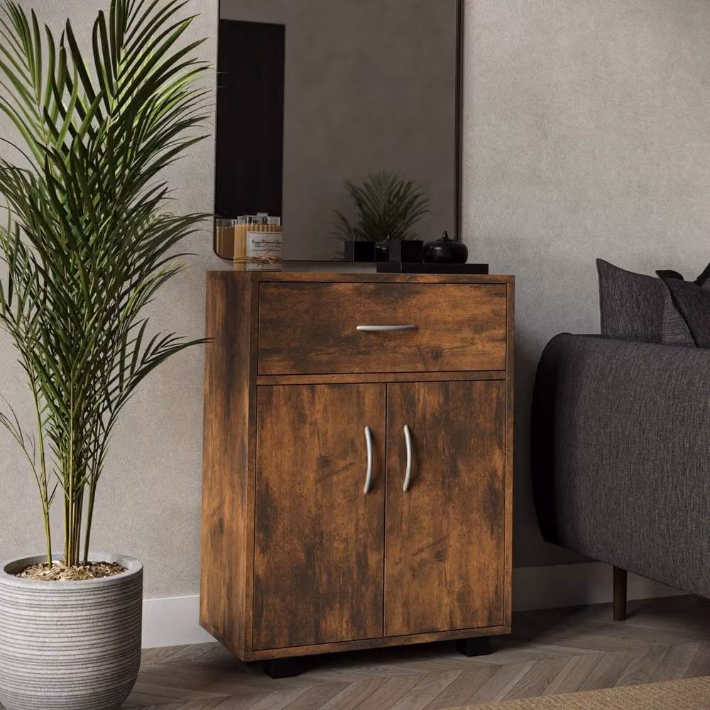 PAWNORA Rustic Brown Wooden Storage Cabinet with Doors, Drawers and Internal Shelves – 3