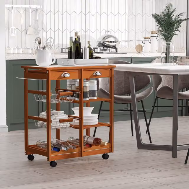 HOMCOM Modern Lacquered Pinewood Rolling Kitchen Trolley in Brown