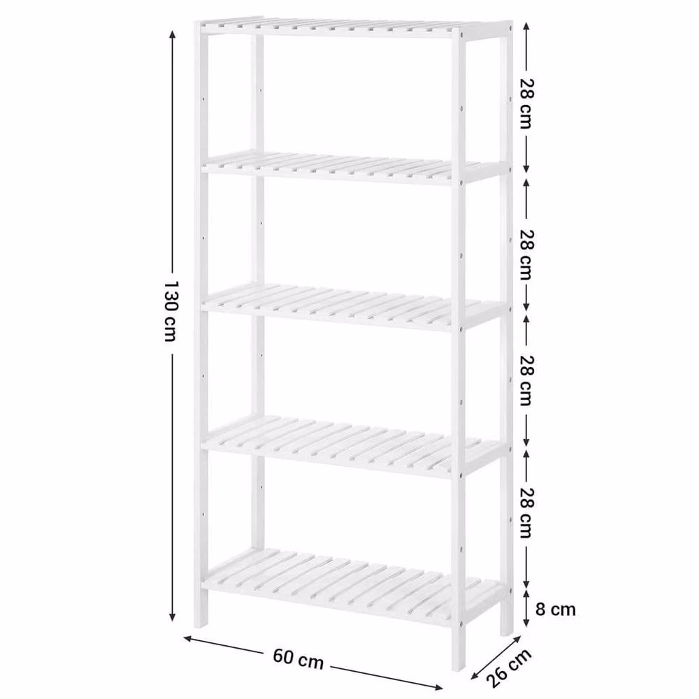 KORVIXA 5-Tier Bamboo Bathroom Storage Shelves in White, H 130 cm x W 100 cm x D 40 cm – 1