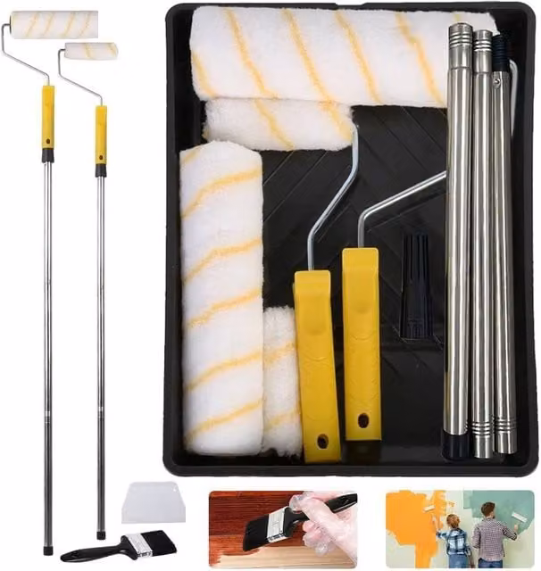 Hinsinc Paint Roller Set with Extension Pole, Tray, Brush and Sleeves in Yellow, White and Multicolour – 1