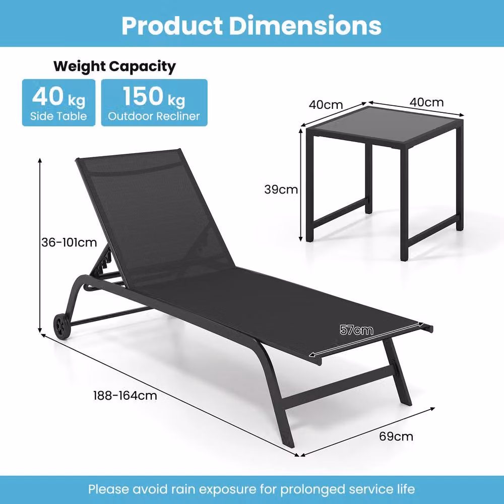 Gymax Outdoor Chaise Lounge Chair in Black with 6-Position Recliner, Adjustable Headrest, Side Tray and Castors – 2