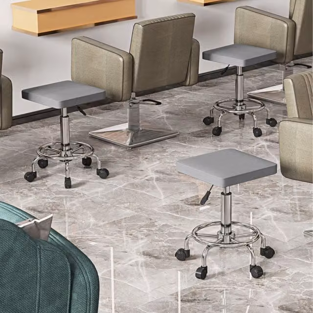 HOMCOM Height Adjustable Square Rolling Stool in Grey PU Leather