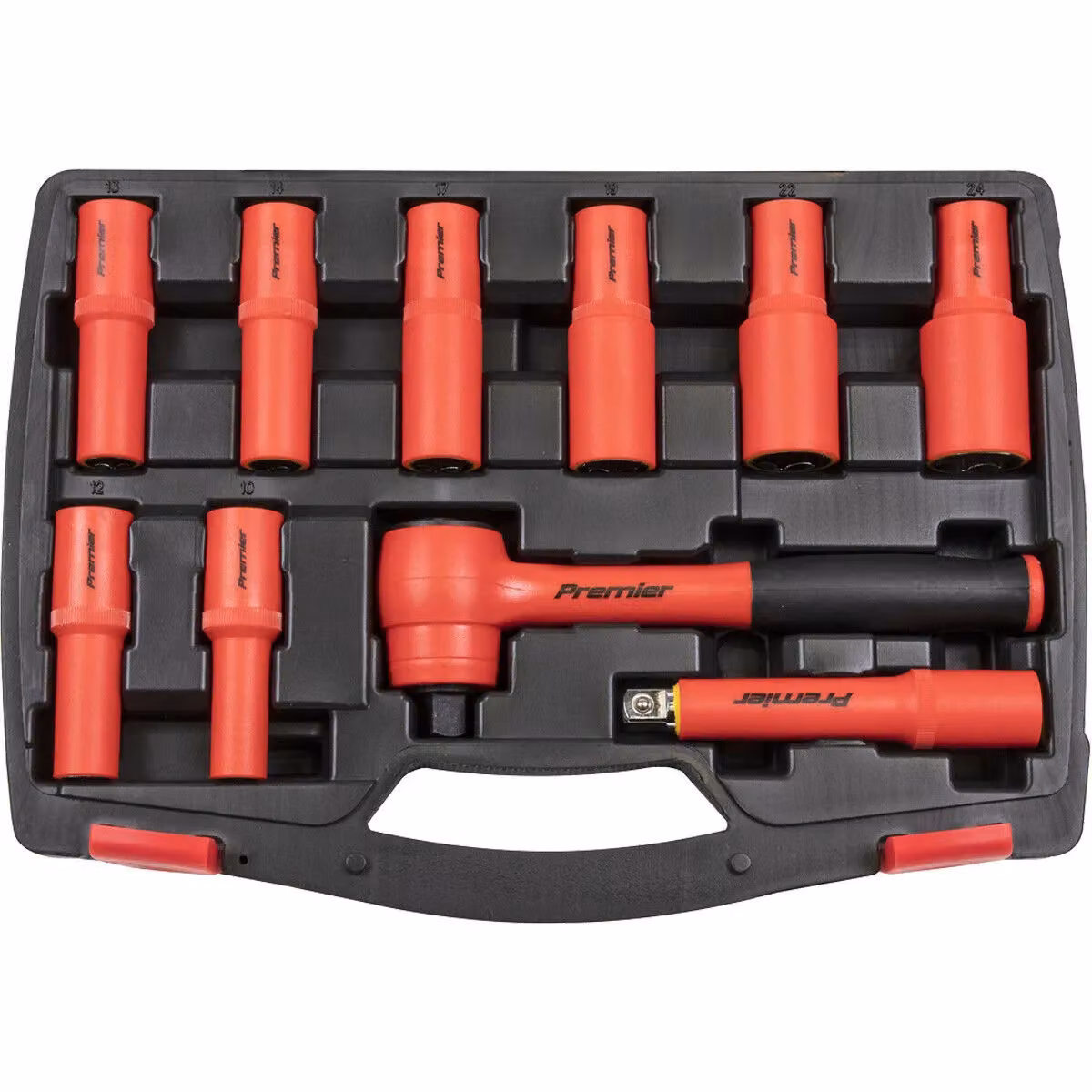 Loops 10-Piece VDE Insulated Socket and Ratchet Handle Set, 1/2 Inch Square Drive, 6-Point Metric, Red and Multicolour – 5