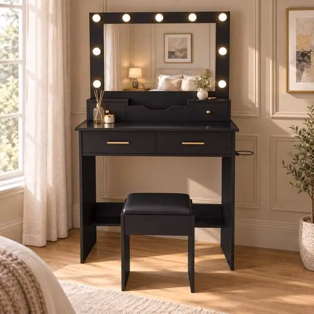 AKI HAUS Black 4-Drawer Dressing Table with Nine-Bulb LED Mirror and Stool, W: 80 cm, H: 136 cm, D: 40 cm – 1