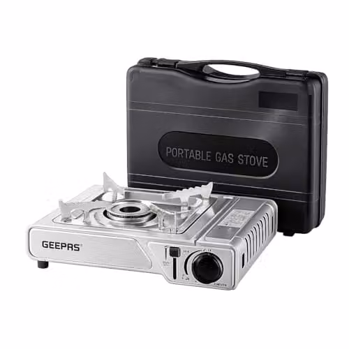 GEEPAS Single Burner Portable Gas Camping Stove and BBQ Cooker with Carry Case in Black and Silver