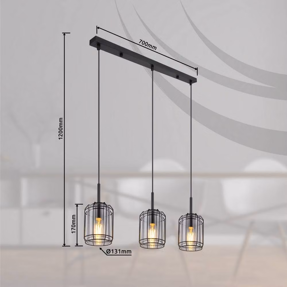 Netlighting Globo Lighting Industrial Bar Pendant Light with Smoked Glass and Black Metal, 3x E27, Height: 120 cm – 7
