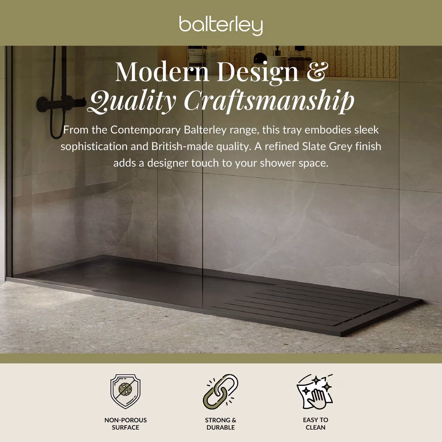 Balterley Premium Rectangular Walk In Shower Tray in Slate Grey, W: 170 cm, D: 70 cm – 2