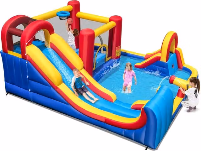 COSTWAY Inflatable Blue Rectangular Water Park Play Centre for Children with Slide and Spray