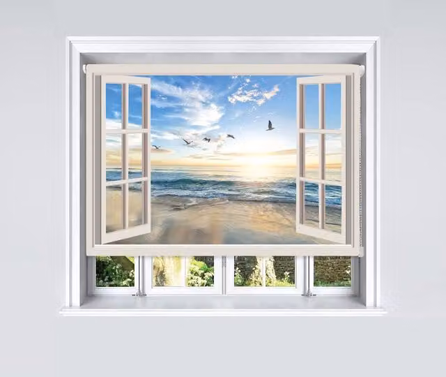 Lister Cartwright Window Beach View Scenic Design Blackout Roller Blinds, Multicolour (Beige, White), W: 200 cm, H: 160 cm