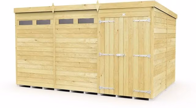 Buttercup Farm Pent Security Wood Shed with Double Doors, Brown, W: 358 cm, D: 231 cm, H: 201 cm