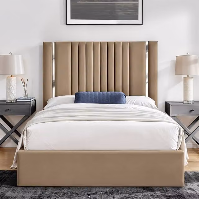 UK Bed Furniture Valencia Gas Lift Storage Upholstered Single Bed in Beige, W/D/H: 90 x 190 cm – 1