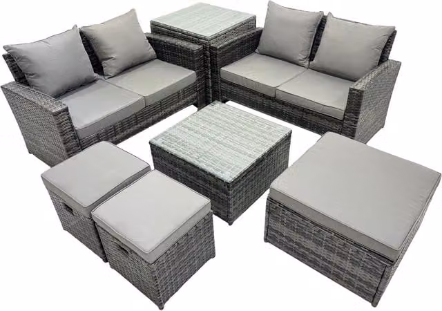 Fimous 7-Seater PE Rattan L-Shape Garden Lounge Set with Tempered Glass Coffee Table and Ottoman in Dark Grey Mixed
