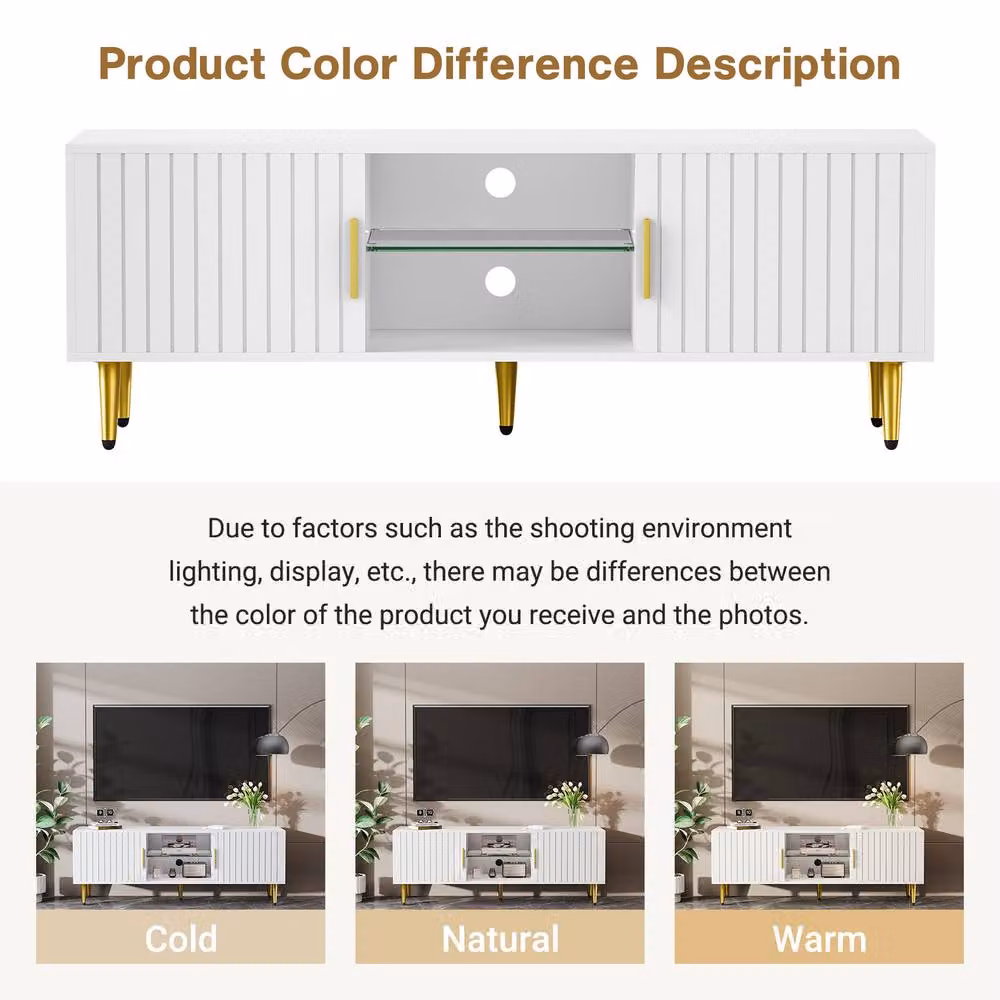 Dprodo Modern White TV Stand Cabinet with Ambient Light, W/D/H: 140 x 40 x 48 cm – 6