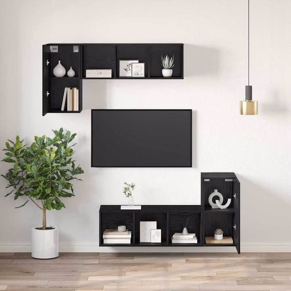 Berkfield Home Modern Wall-Mounted 2-Piece TV Unit with Storage and Hinged Doors in Matt Black – 3