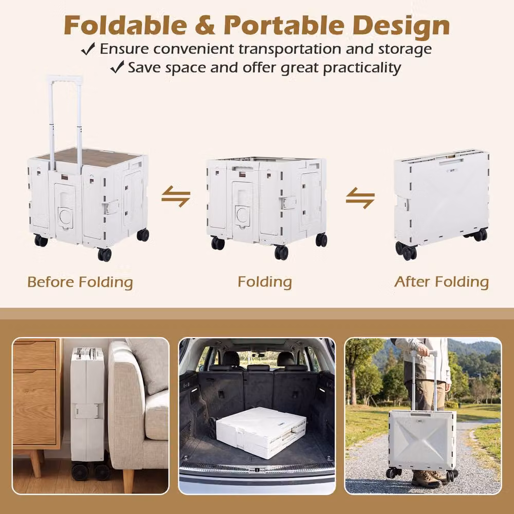 Costway Foldable Utility Cart and Collapsible Tool Box Shopping Trolley with Lid, White – 6