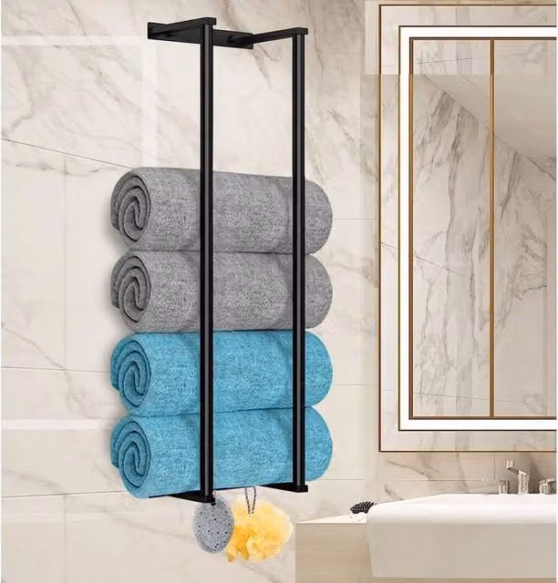 EONLION Wall Mounted Metal Towel Holder and Bathroom Storage Shelf in Matt Black