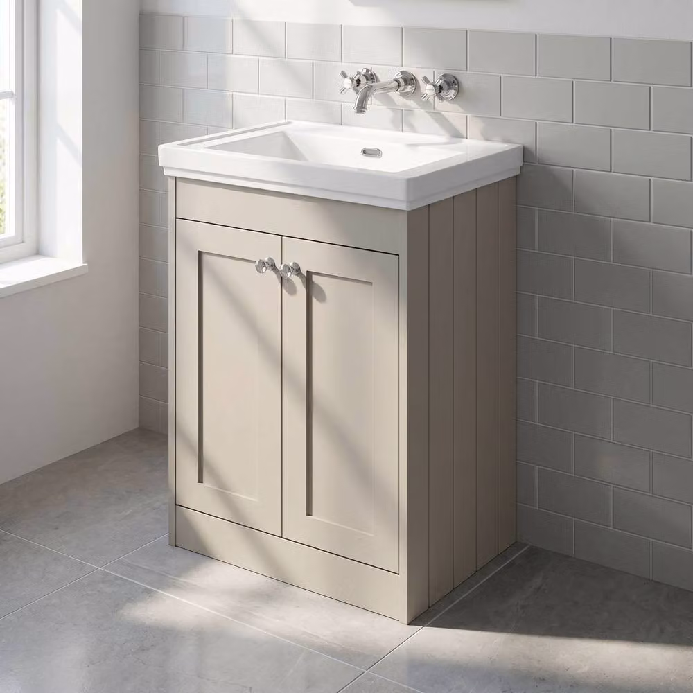Balterley Floor Standing 2 Door Vanity Unit with Rectangular Basin and Soft Close Doors, Pebble Grey, W: 60 cm, D: 45.3 cm, H: 80 cm – 2