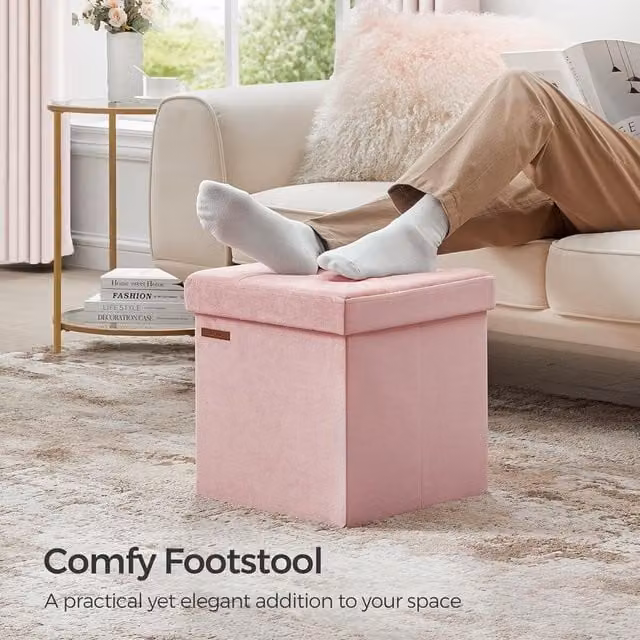 SONGMICS Small Square Foldable Storage Ottoman and Foot Rest in Light Pink Velvet Fabric