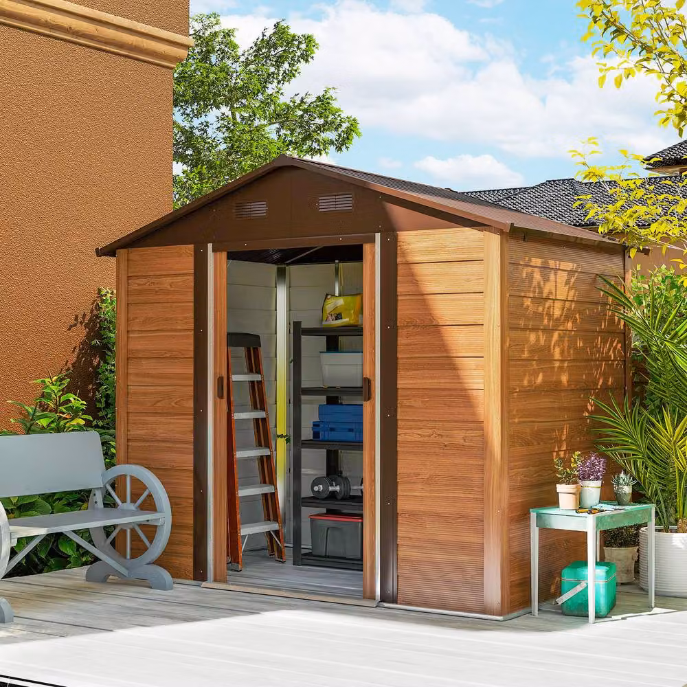 Rolipo Brown Wood Effect Galvanised Steel Shed with Sliding Doors and Side Vent, W: 182.88 cm, D: 236.0 cm, H: 182.0 cm – 2