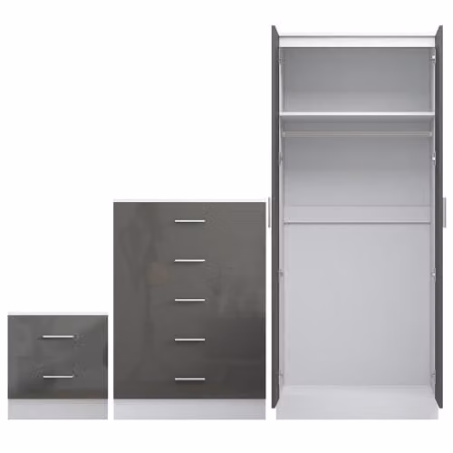 Reflect Modern Bedroom Furniture Set in Grey Gloss and Matt White Finish, Including 2-Door Wardrobe, Chest of Drawers and Nightstand – 2