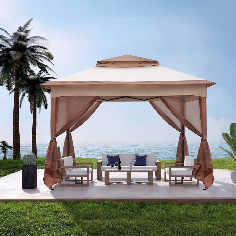 NESTLUNE Metal Garden Gazebo with 2-Tier Roof in Beige, W: 100 cm, D: 15 cm, H: 265 cm – 6