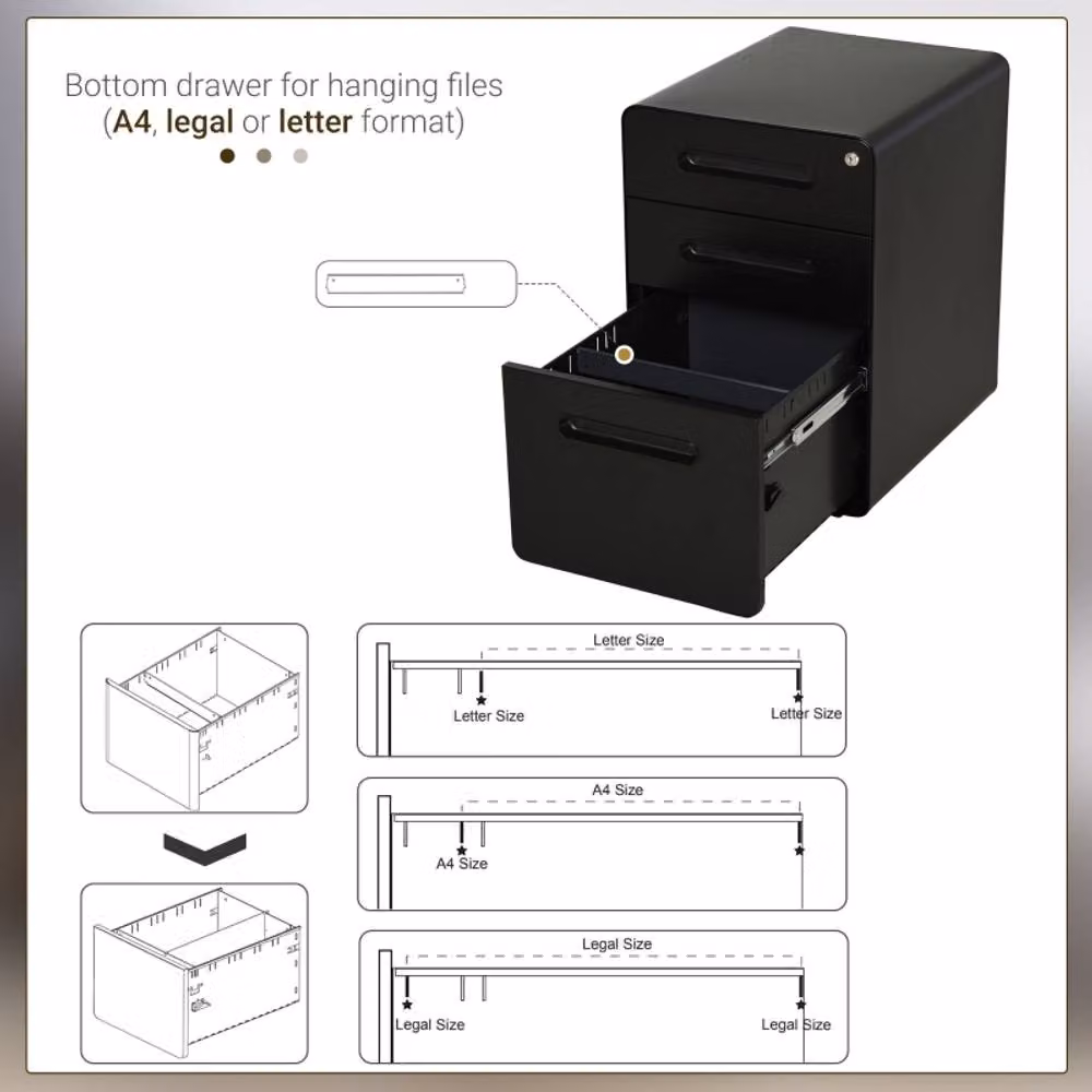 STILVORA 3 Drawer Metal File Cabinet with Lock and Castors in Matt Black – 4
