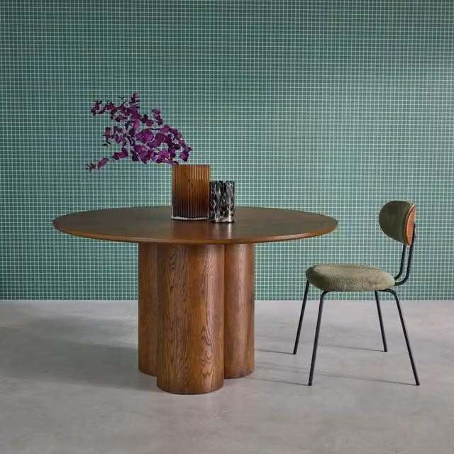 Sweekeek 4-Seater Round Dining Table in Dark Brown with Oak and Rubberwood Veneer, Diameter: 130 cm, Height: 73 cm – 1