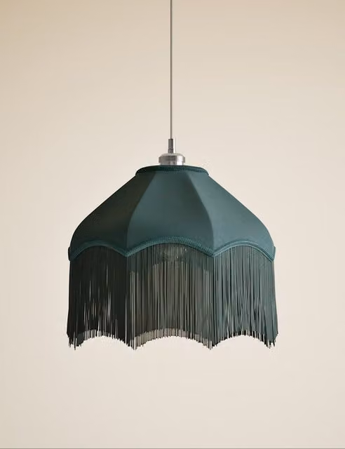M&S Fringed Velvet Cone Lamp Shade in Green