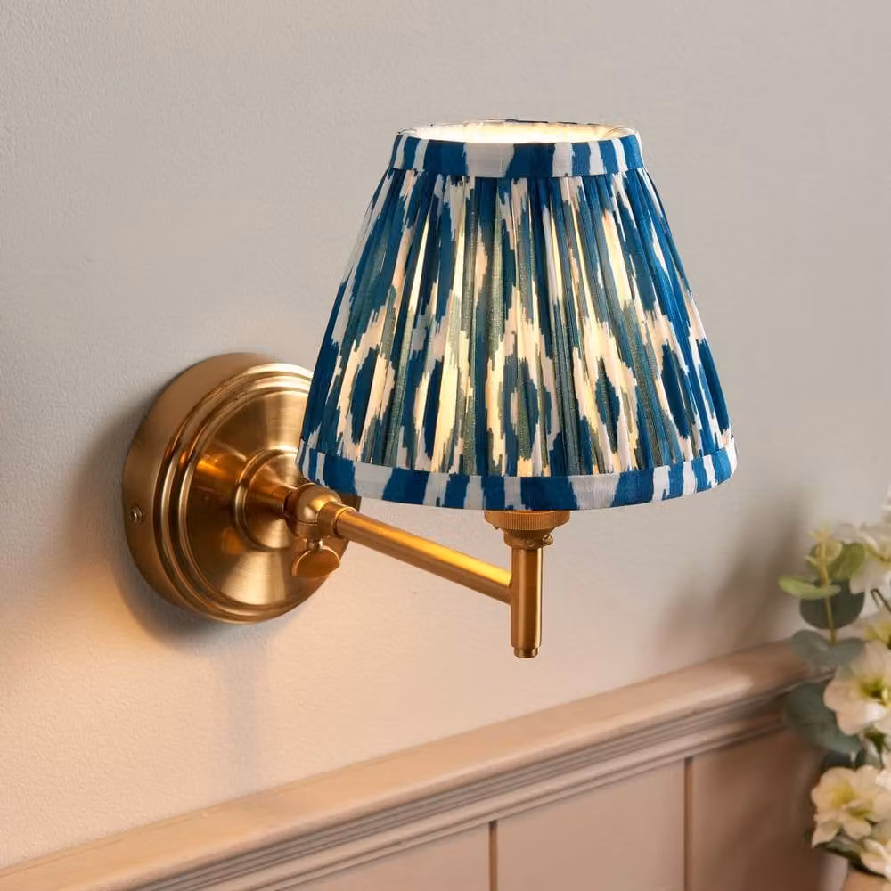 Netlighting Step Fold Wall Light with Blue Fabric Ikat Shade and Gold/Brass Finish, Diameter: 16 cm, B22 – 2