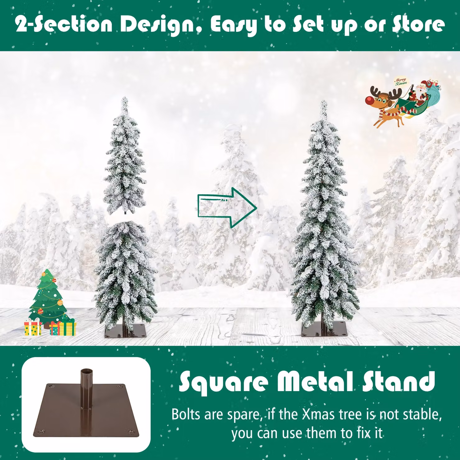 Gymax 4ft Slim Flocked Christmas Tree with 225 Tips and 2 Lighting Colours in Green – 4