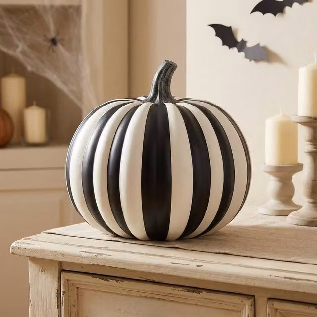 Garden Greatness Striped Ceramic Halloween Pumpkin Tabletop Ornament in Black, White and Multicolour