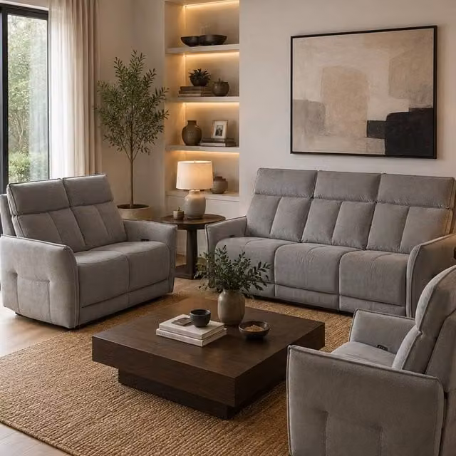 Aspire Grayson Grey Fabric Upholstered Power Recliner Sofa Set (3+2+1) with USB Charging