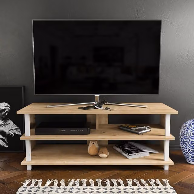 Decorotika Pueblo Modern TV Unit with Shelves in White, W: 120 cm, D: 45 cm, H: 47 cm