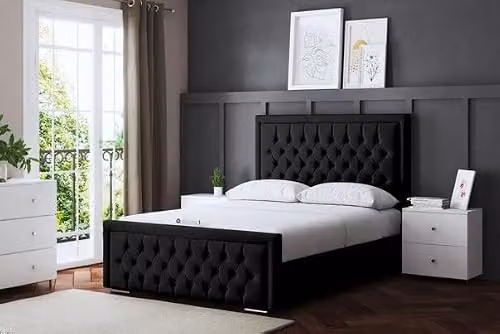 DS Living Allegra Black Velvet Upholstered Chesterfield Ottoman Bed with Headboard, W/D/H: 150 x 200 x 225 cm