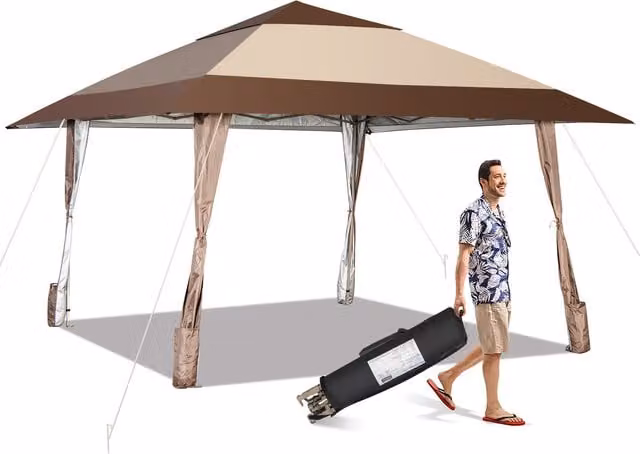 Costway Quick Folding Freestanding Patio Gazebo with UPF 50+ Protection, Brown and Silver, W: 300 cm, D: 300 cm, H: 285 cm