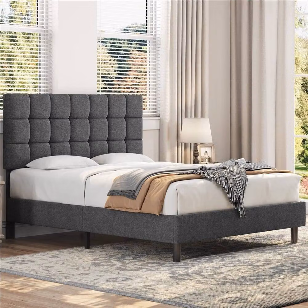 NESTLUNE Grey Upholstered Double Bed Frame W: 135 cm, L: 190 cm – 5