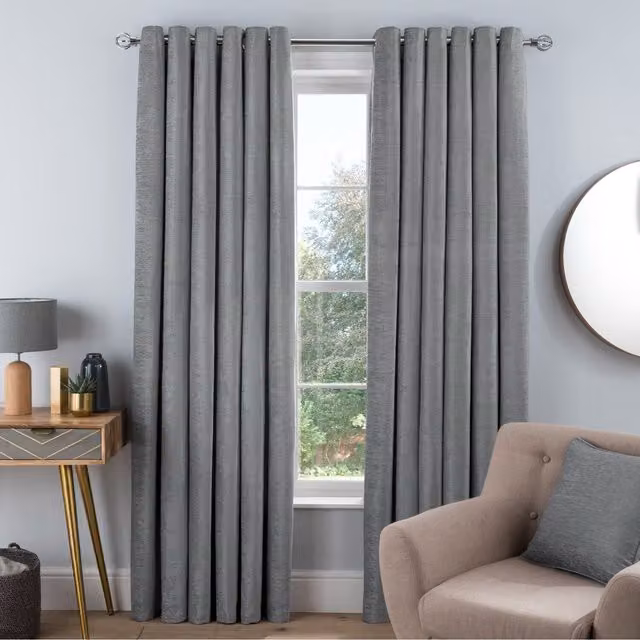 Smart Living Wholesale Ltd. Luxury Silver Grey Chenille Eyelet Lined Curtains, 2 Fabric Panels