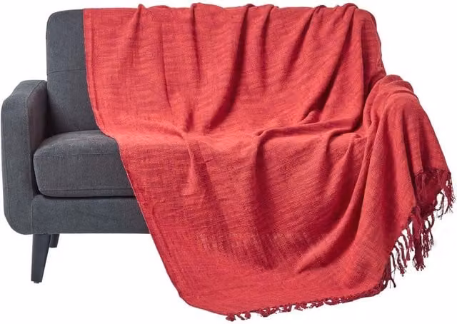 Homescapes Oriental Woven Cotton Throw with Fringes in Orange and Red, Width: 360 cm
