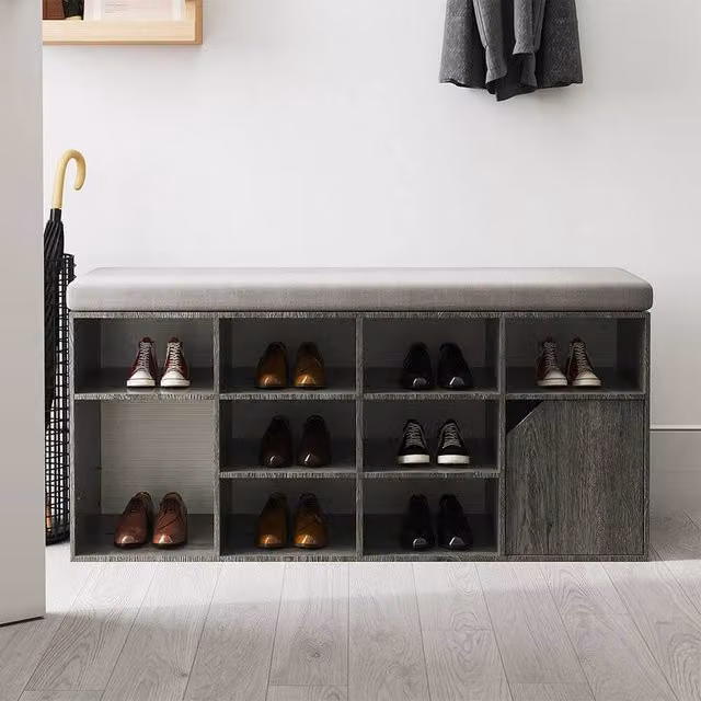 VOGREX Grey Padded Entryway Shoe Bench with Storage Shelf – 1