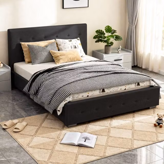 Comfy Living Ltd Black Fabric Upholstered Ottoman Storage Gaslift Bedframe, W: 140 cm, D: 200 cm, H: 103 cm – 1