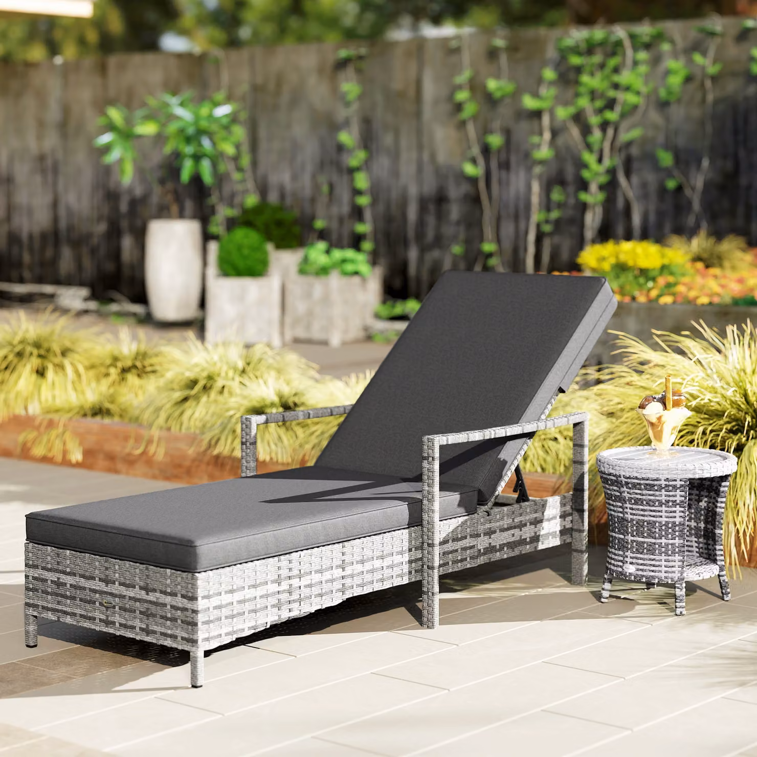 Outsunny Grey Rattan Sun Lounger with 4-Level Adjustable Headrest, W: 62.5 cm, D: 192 cm, H: 52.5 cm – 6