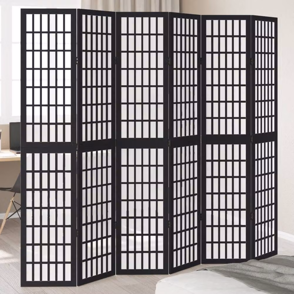 Berkfield Home 6-Panel Room Divider in Black Matt Solid Paulownia Wood, H 215 x W 200 x D 1.6 cm – 2