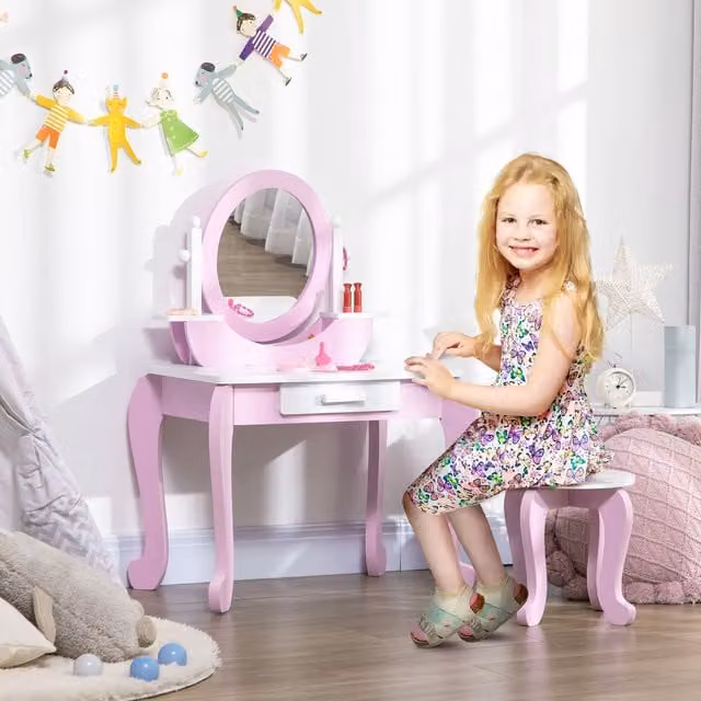 ZONEKIZ Kids Dressing Table with Mirror and Stool, Pink