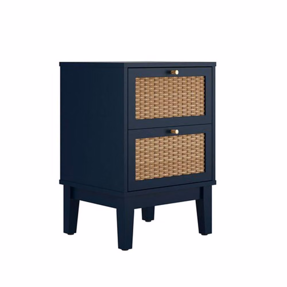 LPD Lemon Pavilion Bordeaux 2 Drawer Bedside Table in Blue and Oak with Rattan Details, W: 40 cm, D: 35 cm, H: 58.4 cm – 3